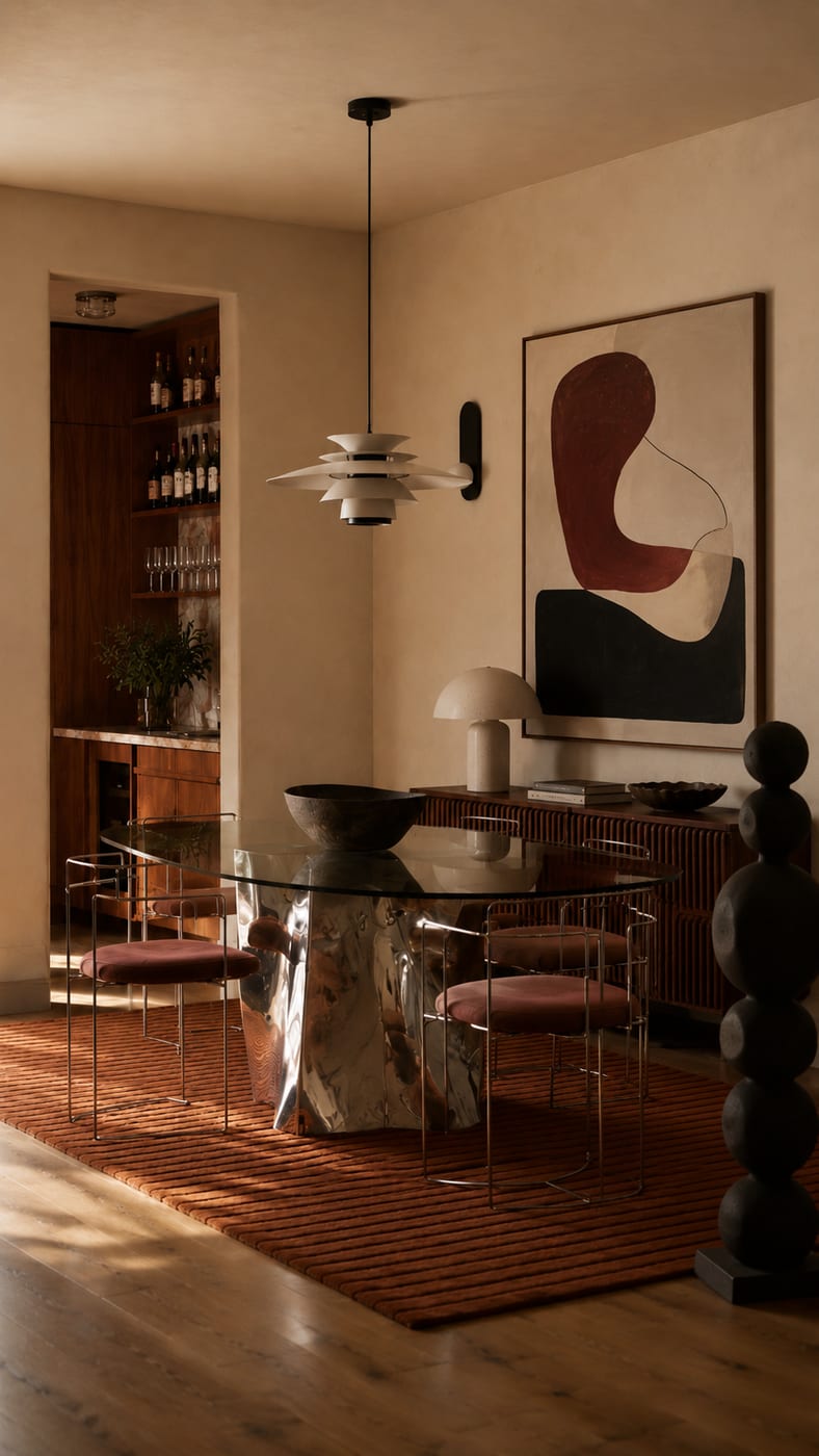 Comedor editorial · Mesa de vidrio · Arte