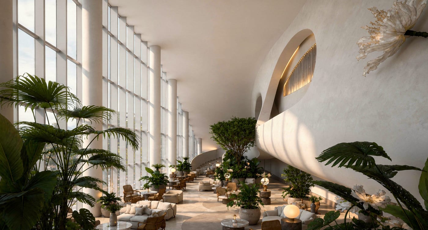 Lobby de hotel · Formas curvas · Jardín interior