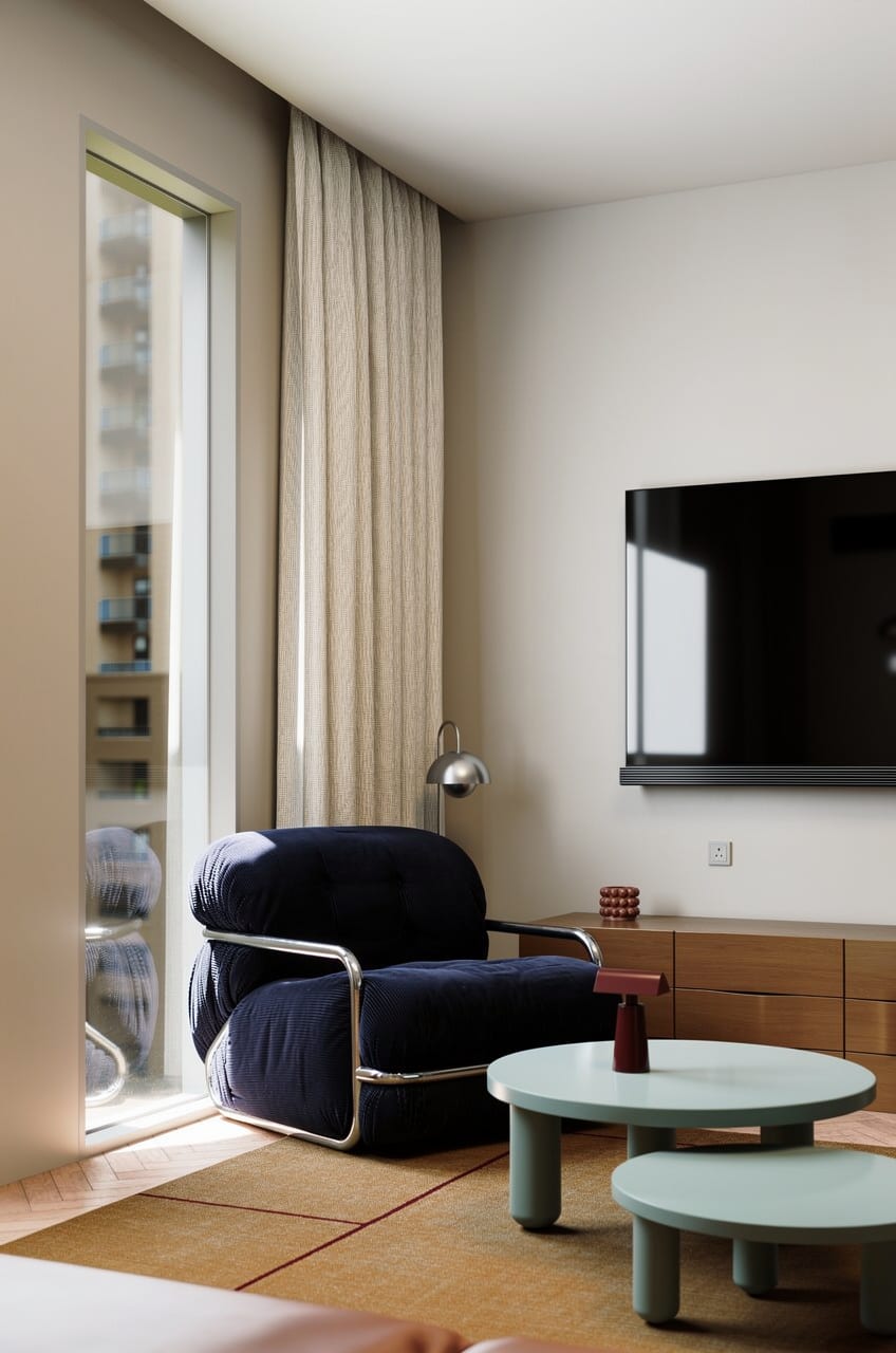 Habitación de hotel · Sillón azul · Menta