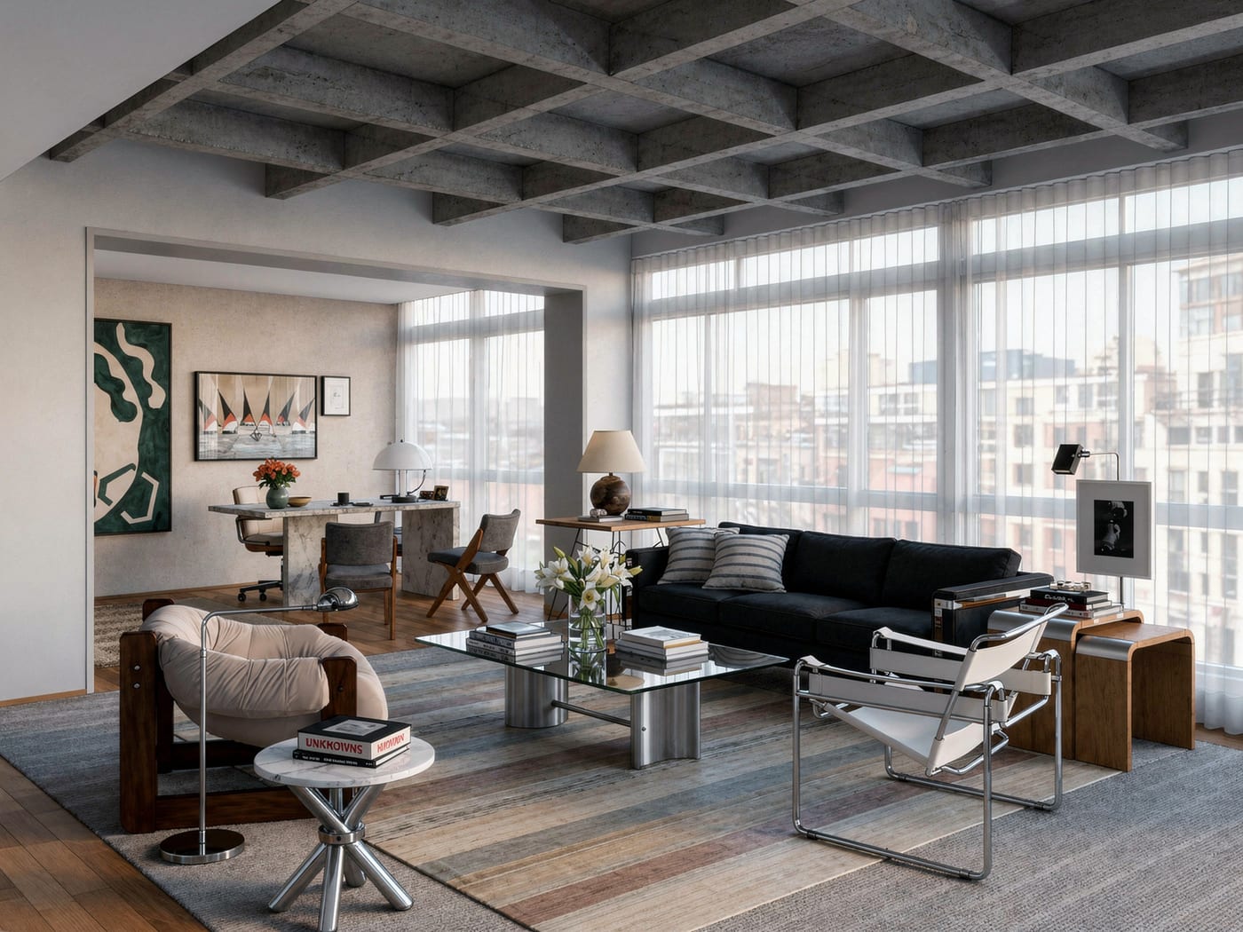 Loft · Techo de vigas de concreto · Ventanales