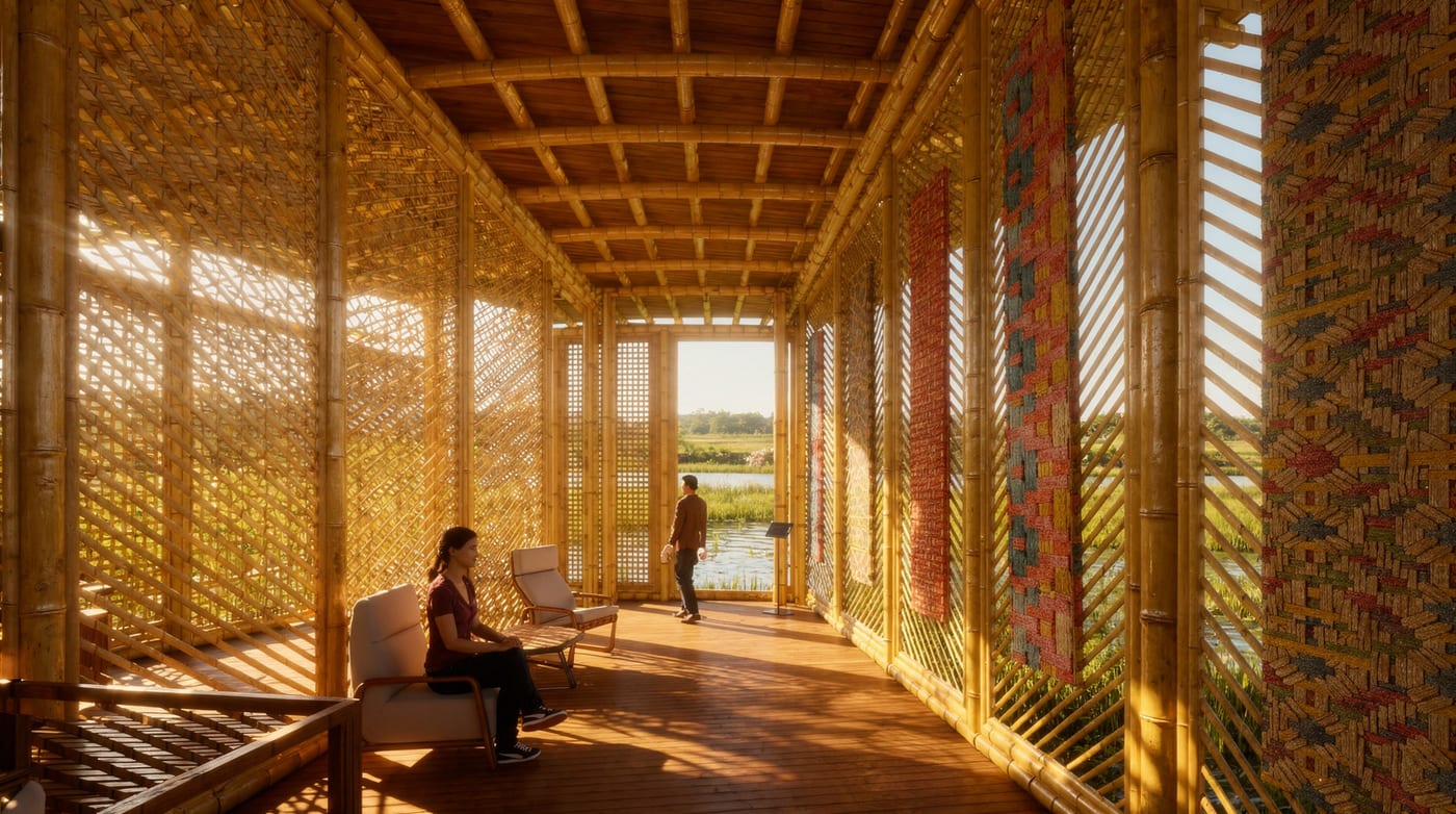 Interior de bambú · Celosías · Luz de tarde