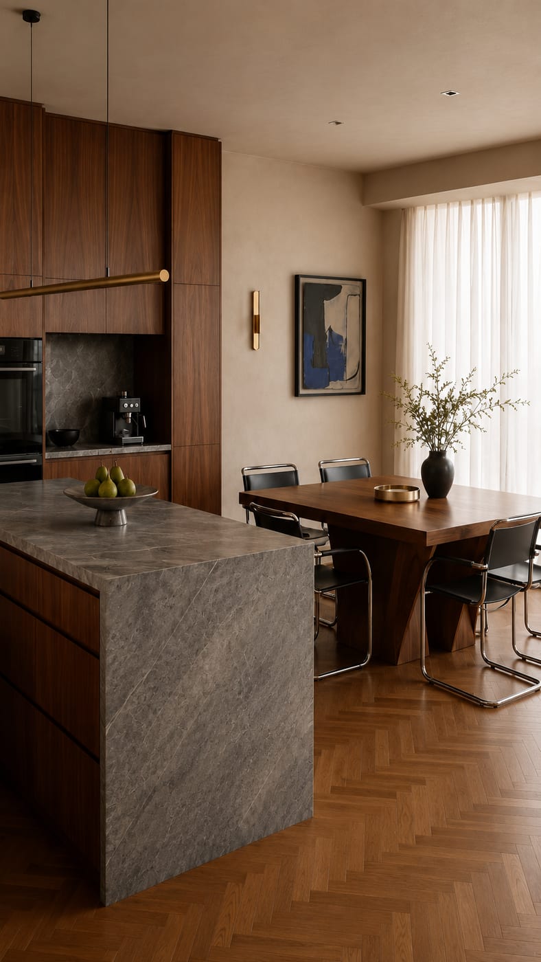 Cocina de nogal · Isla de piedra · Comedor