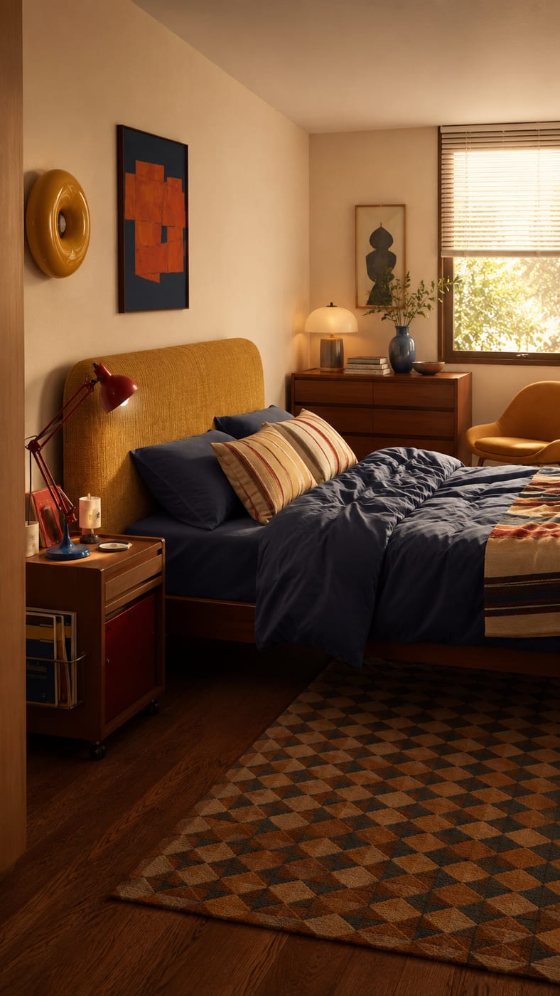 Dormitorio retro · Cabecera mostaza · Textiles