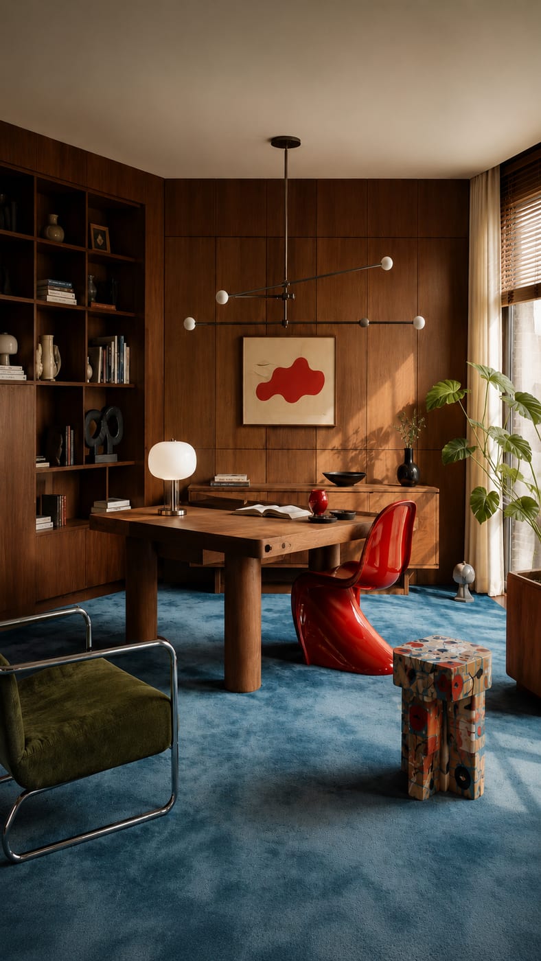 Estudio mid-century · Alfombra azul · Nogal