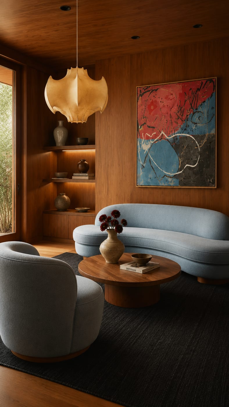 Sala mid-century · Sofá curvo · Madera