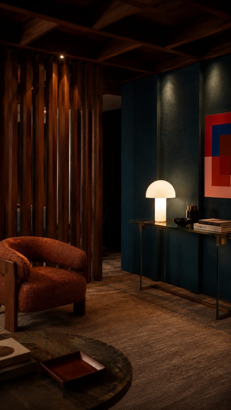 Sala nocturna · Sillón terracota · Pared azul